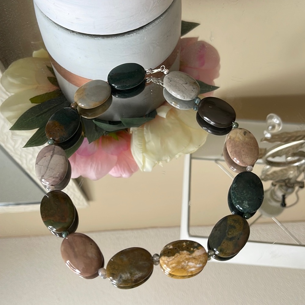 17.5”Natural Gemstone Multi-Color Picasso Jasper Loose Beads Necklace Silver 952